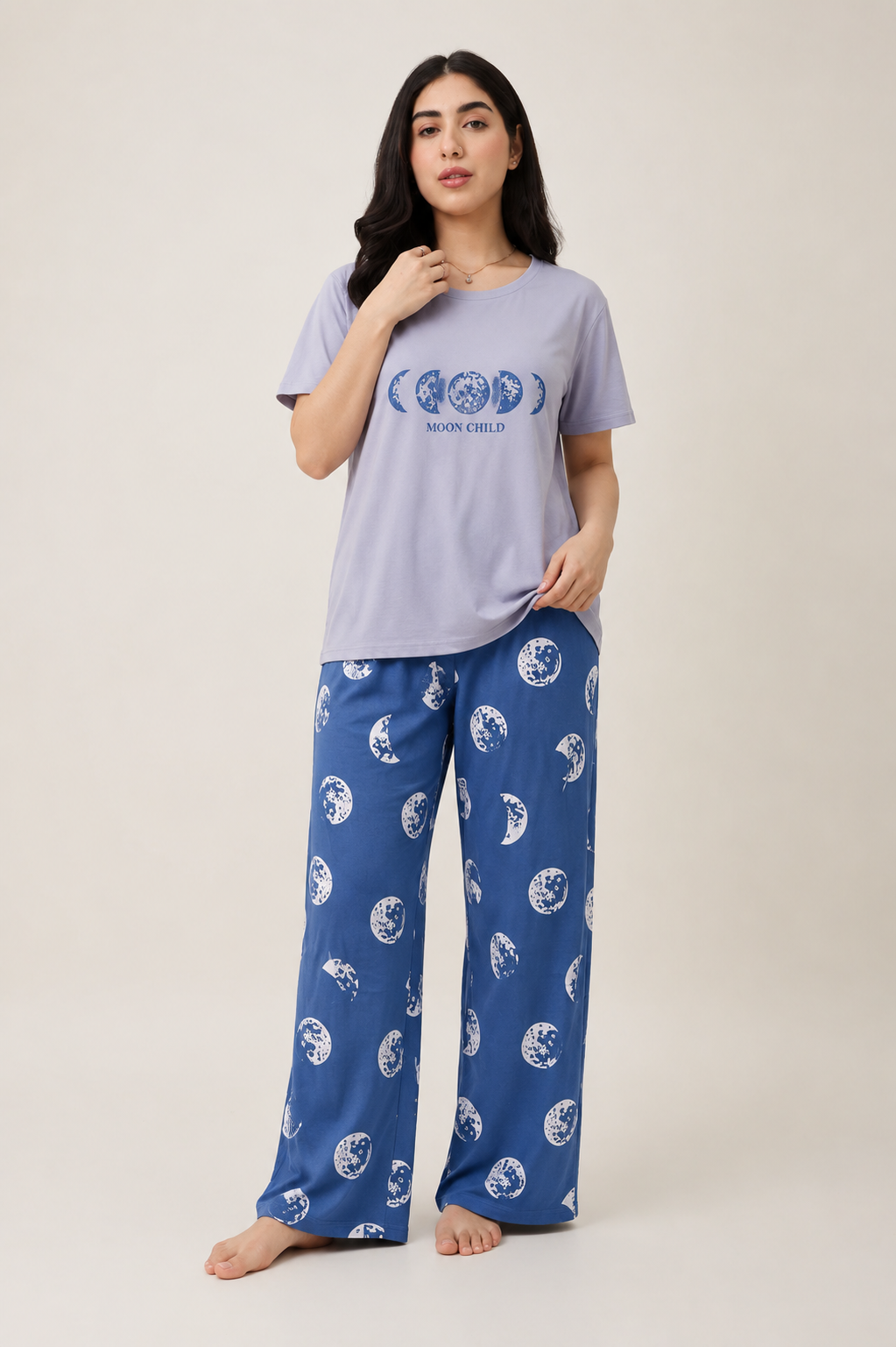 Women's Lavender Moon Print Night Suit – Graphic T-Shirt & Blue Pajama Set